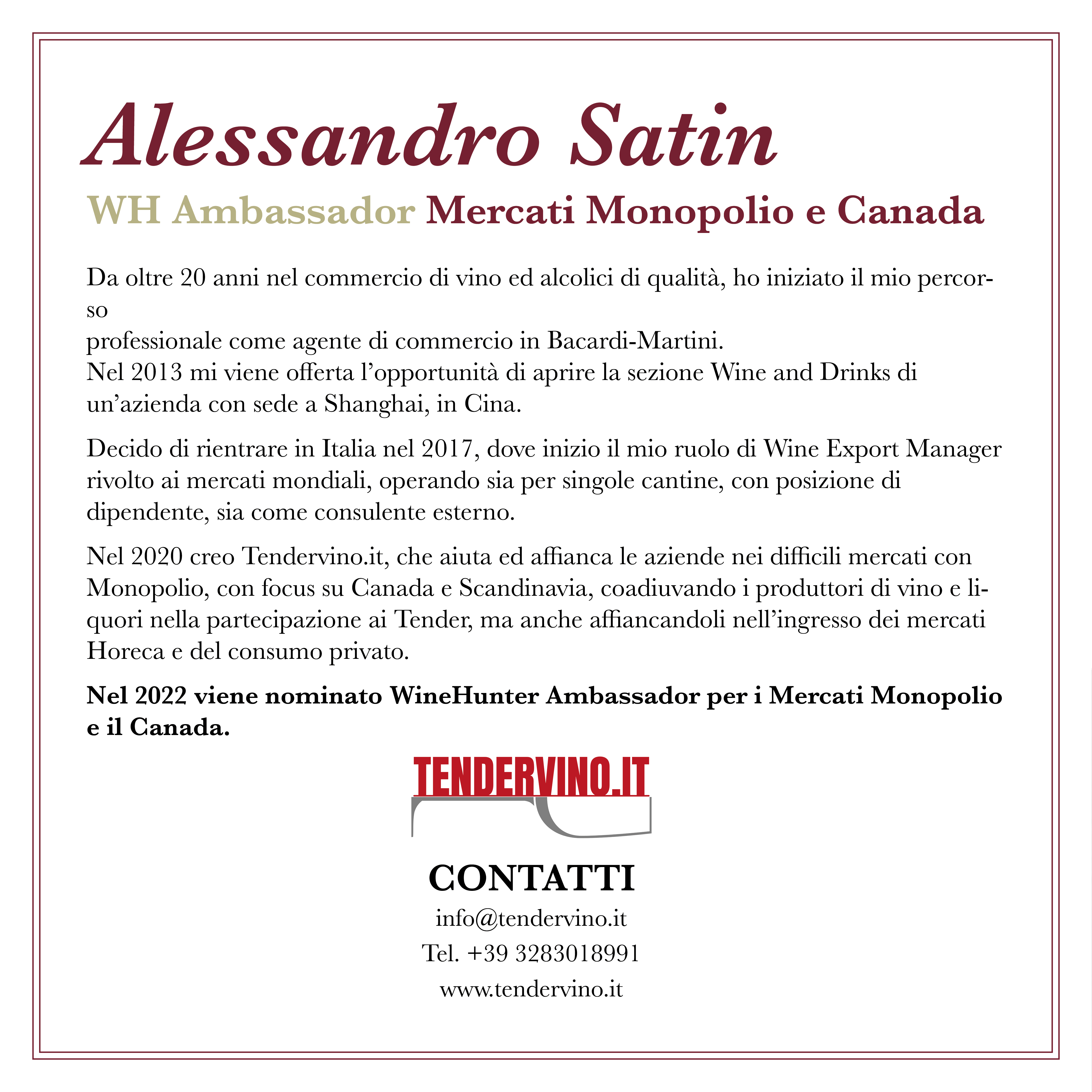 WineHunter Ambassador Canada Alessandro Satin Bio Back