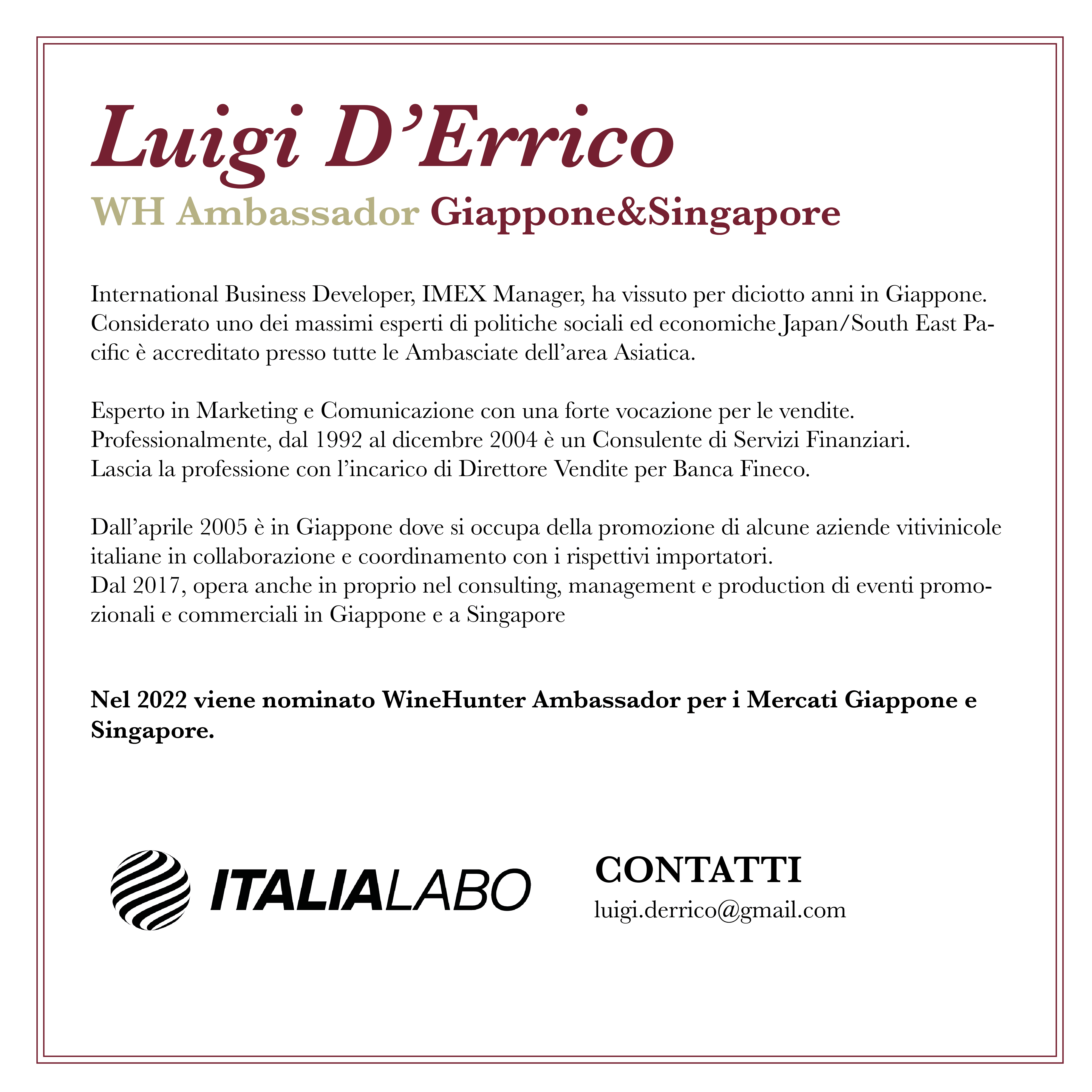 WineHunter Ambassador Japan Singapore Luigi D'Errico Bio Back