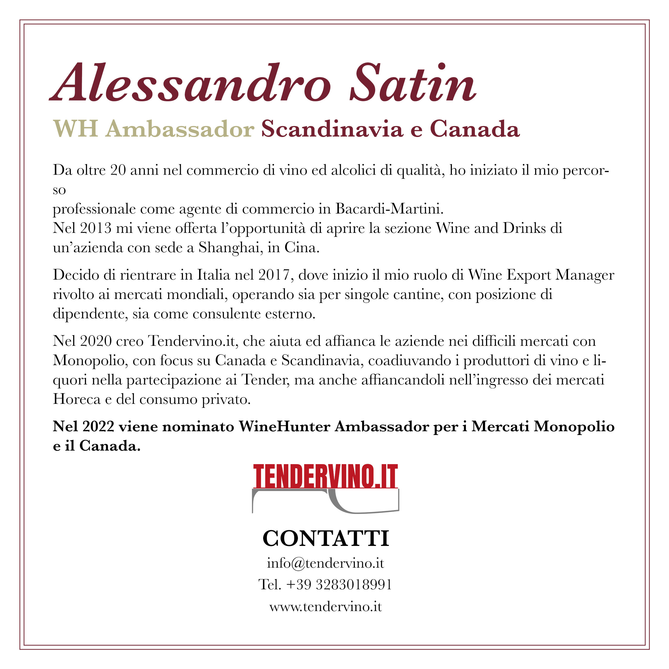 WineHunter Ambassador Canada Alessandro Satin Bio Back