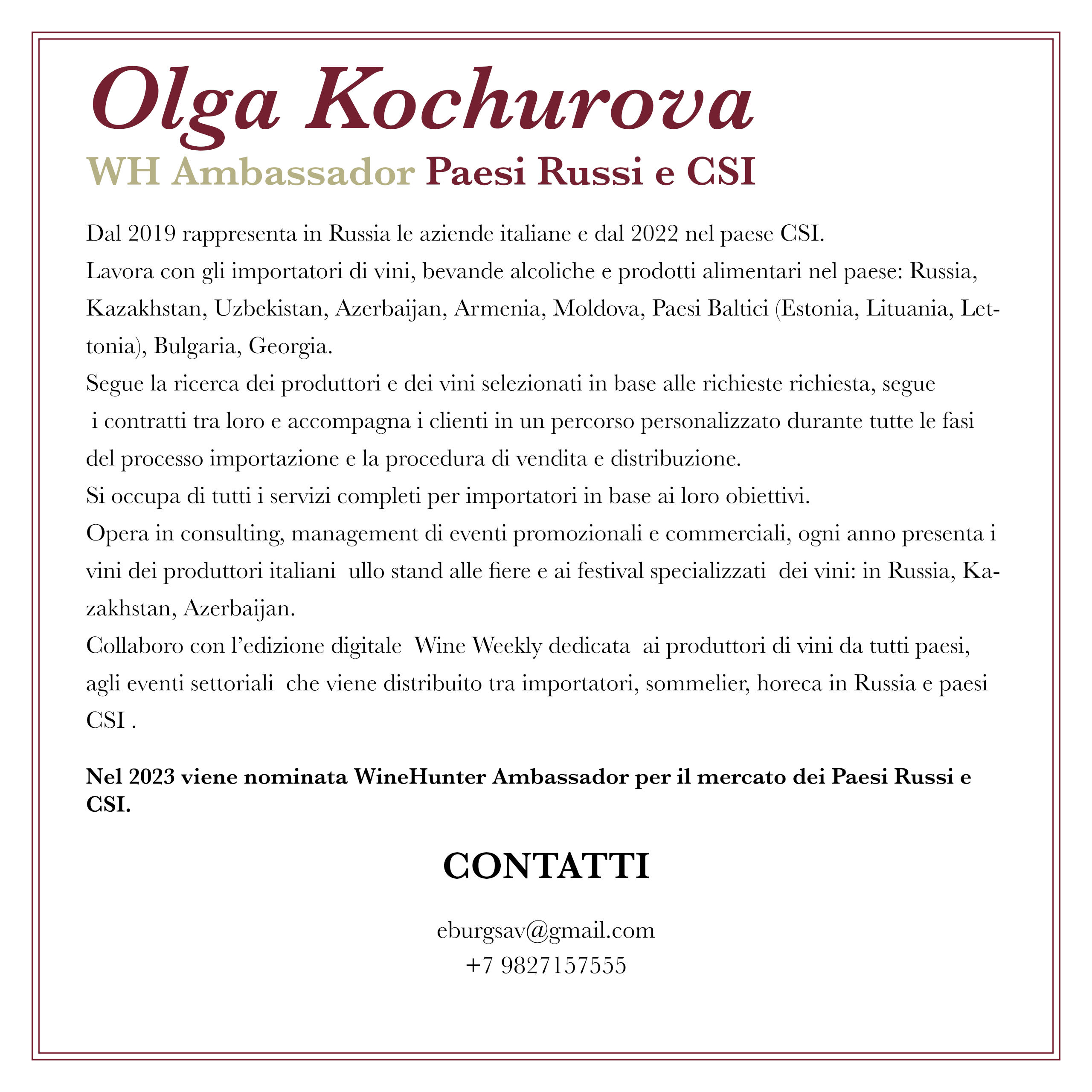 WineHunter Ambassador Russia CSI Olga Kochurova Bio Back